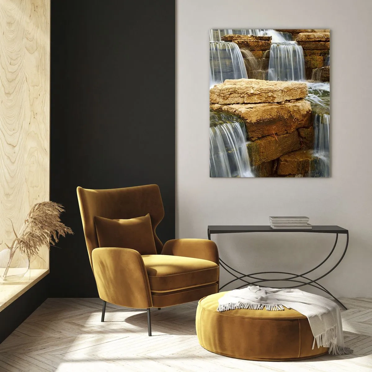 Glasbild - Bild auf glas - Wasserfall auf felsigem Hintergrund - 50x70cm - Treppe zum Himmel - Moderne Wanddekoration für Wohnzimmer und Schlafzimmer ARTTOR