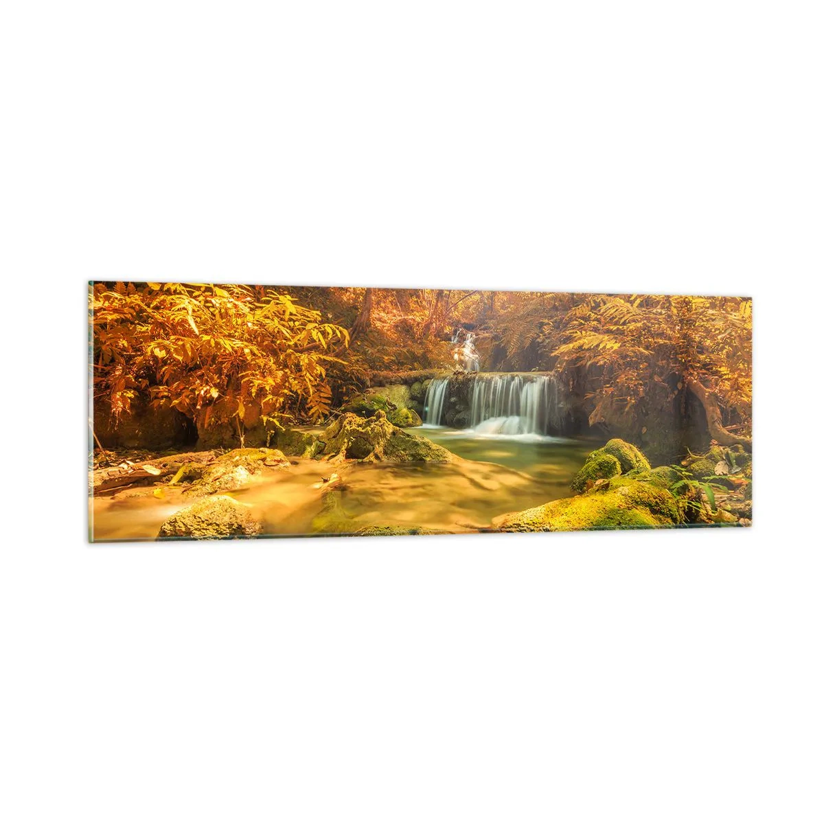 Glasbild - Bild auf glas - Waldkaskade in Gold - 90x30 cm