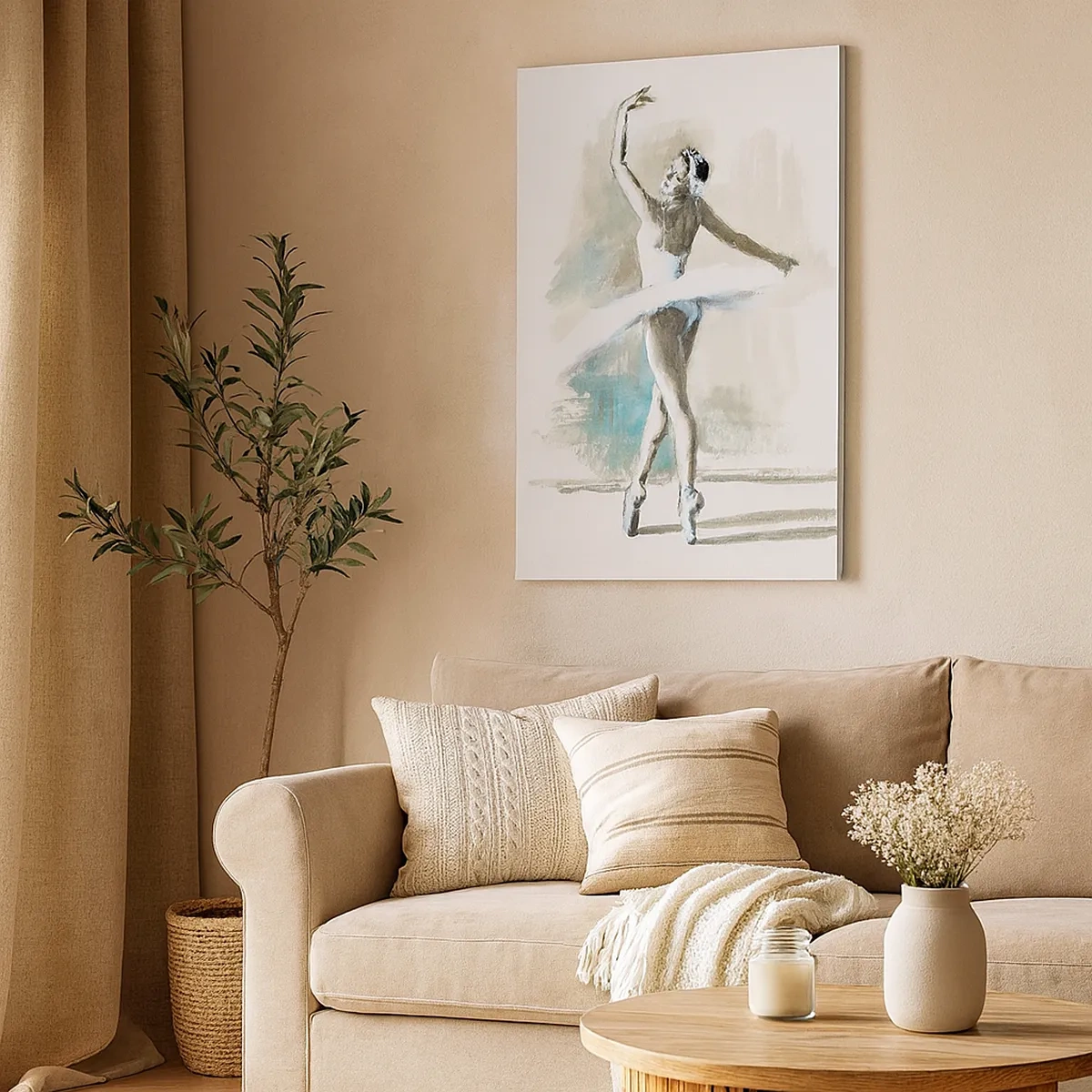 Bild auf Leinwand - Leinwandbild - Eine Balletttänzerin in einer Ballettpose vor einem Hintergrund aus zarten Aquarelltönen. - 50x70cm - In einen Schwan verzaubert - Moderne Wanddekoration für Wohnzimmer und Schlafzimmer ARTTOR