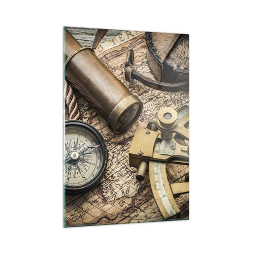 Glasbild - Bild auf glas - Kompass, Karte und Navigationshilfen im Retro-Stil - 50x70cm - Setze Sie einen Kurs - Moderne Wanddekoration für Wohnzimmer und Schlafzimmer ARTTOR