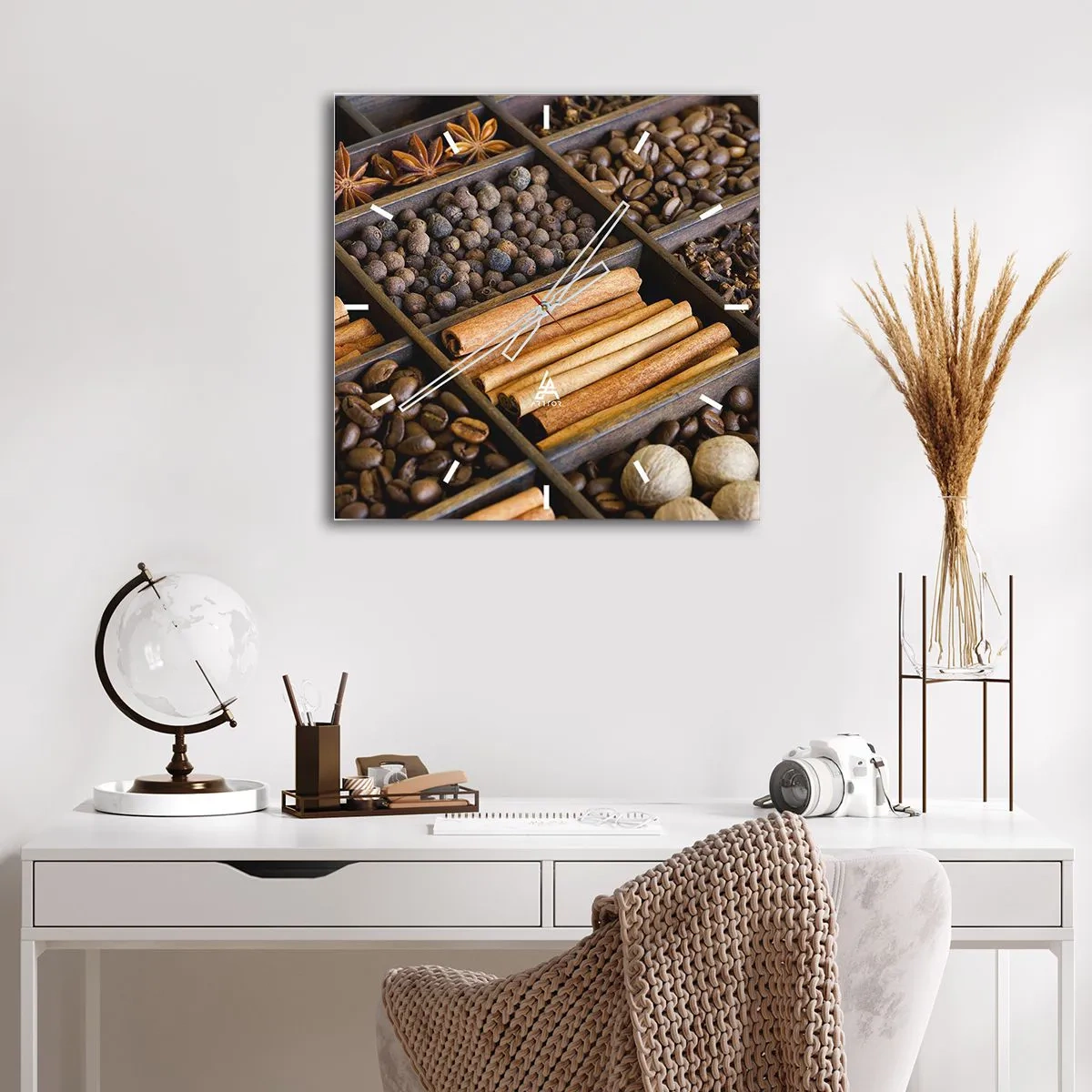Wanduhr - Glasuhr - Gewürze und Kaffee in Holzfächern - 30x30cm - Eine Fundgrube an Aromen - Moderne Wanddekoration für Wohnzimmer und Schlafzimmer ARTTOR