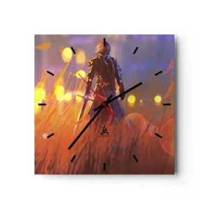 Wanduhr - Glasuhr - Die Figur eines Ritters im Licht der untergehenden Sonne auf einem Feld - 30x30cm - Fahrender Ritter - Moderne Wanddekoration für Wohnzimmer und Schlafzimmer ARTTOR