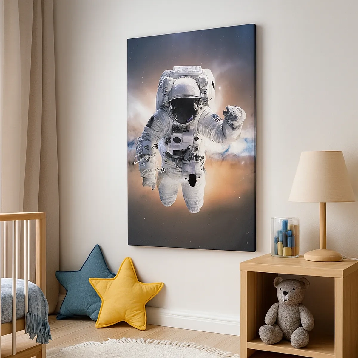 Bild auf Leinwand - Leinwandbild - Astronaut im Weltraum - 50x70cm - Grüße aus dem Weltall - Moderne Wanddekoration für Wohnzimmer und Schlafzimmer ARTTOR
