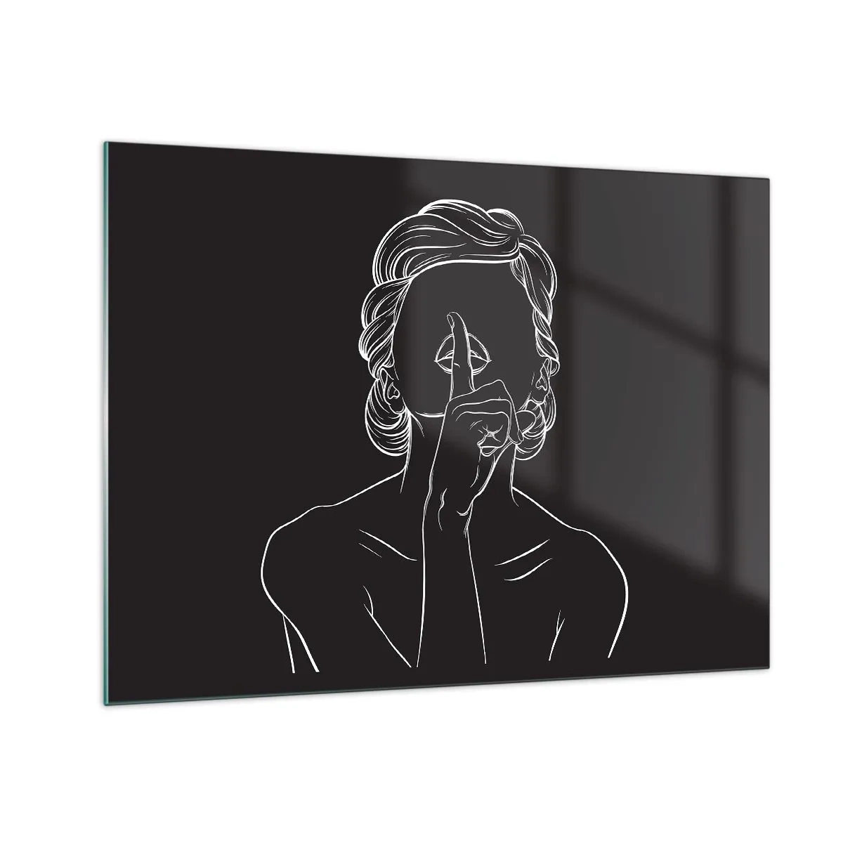 Glasbild - Bild auf glas - Eine minimalistische Silhouette einer Frau, die eine Geste des Schweigens macht. - 70x50cm - Schönheit erblüht in der Stille - Moderne Wanddekoration für Wohnzimmer und Schlafzimmer ARTTOR