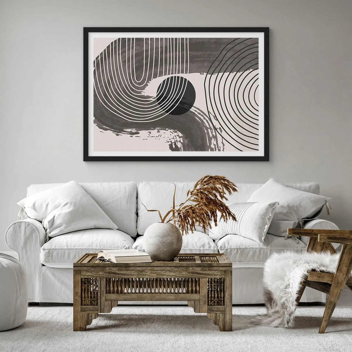 Poster in einem schwarzem Rahmen - Geometrische Linien und Ovale in monochromen Farbtönen - 70x50cm - Oval gewinnt - Moderne Wanddekoration für Wohnzimmer und Schlafzimmer ARTTOR
