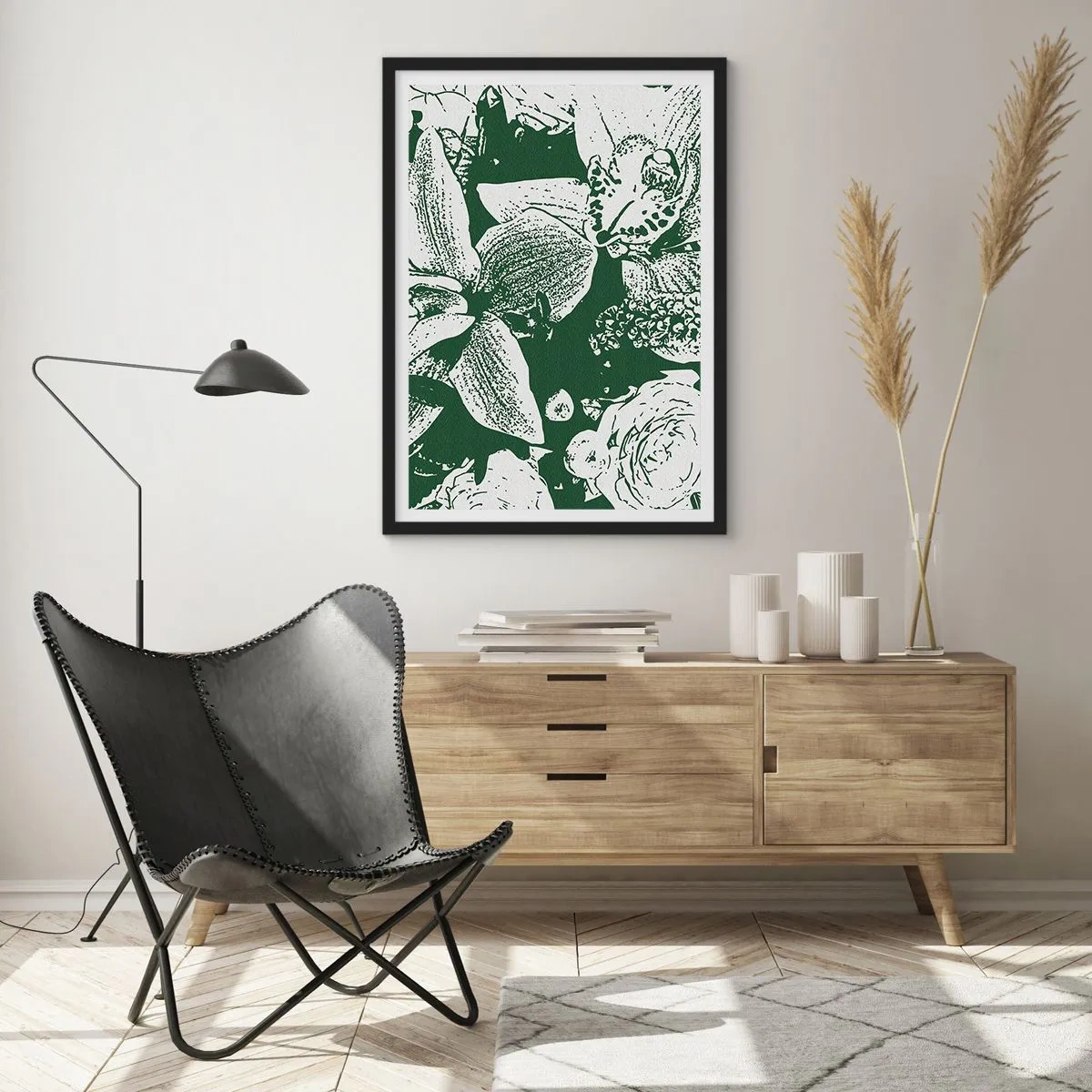 Poster in einem schwarzem Rahmen - Botanische Illustration von Blüten und Blättern in Kontrastfarben - 50x70cm - Blumenstrauß – die Welt des Grüns - Moderne Wanddekoration für Wohnzimmer und Schlafzimmer ARTTOR