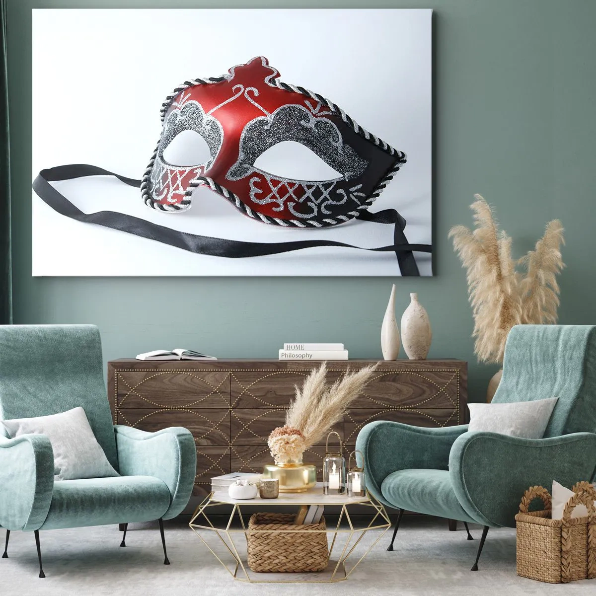 Bild auf Leinwand - Leinwandbild - Rote Karnevalsmaske auf hellem Hintergrund - 120x80cm - Einladung zum Abschlussball - Moderne Wanddekoration für Wohnzimmer und Schlafzimmer ARTTOR