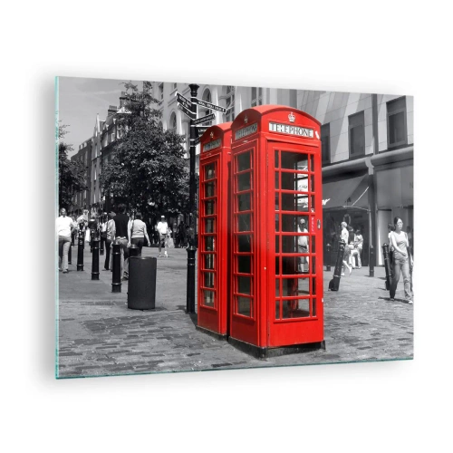 Glasbild - Bild auf glas - Rote Telefonzellen auf einer Londoner Straße - 70x50cm - Rote Telefonzellen - Moderne Wanddekoration für Wohnzimmer und Schlafzimmer ARTTOR