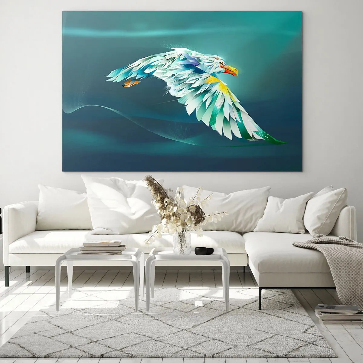 Glasbild - Bild auf glas - Ein abstraktes Bild eines Adlers in Blau- und Weißtönen vor einem Wellenhintergrund. - 100x70cm - Der Adler deiner Flüge ist die Kraft - Moderne Wanddekoration für Wohnzimmer und Schlafzimmer ARTTOR