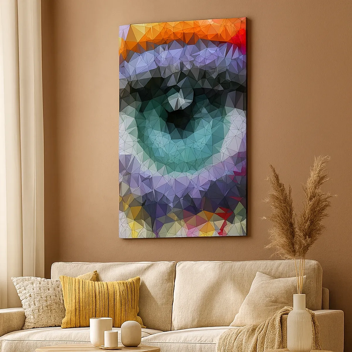 Bild auf Leinwand - Leinwandbild - Geometrischer Look mit grünem Auge - 50x70cm - Kristallines Leuchten der Augen - Moderne Wanddekoration für Wohnzimmer und Schlafzimmer ARTTOR