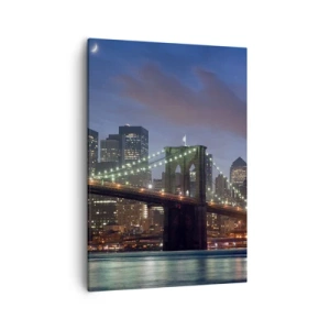 Bild auf Leinwand - Leinwandbild - New York City Bridge bei Nacht mit beleuchteten Gebäuden - 50x70cm - Leuchtende Nacht - Moderne Wanddekoration für Wohnzimmer und Schlafzimmer ARTTOR