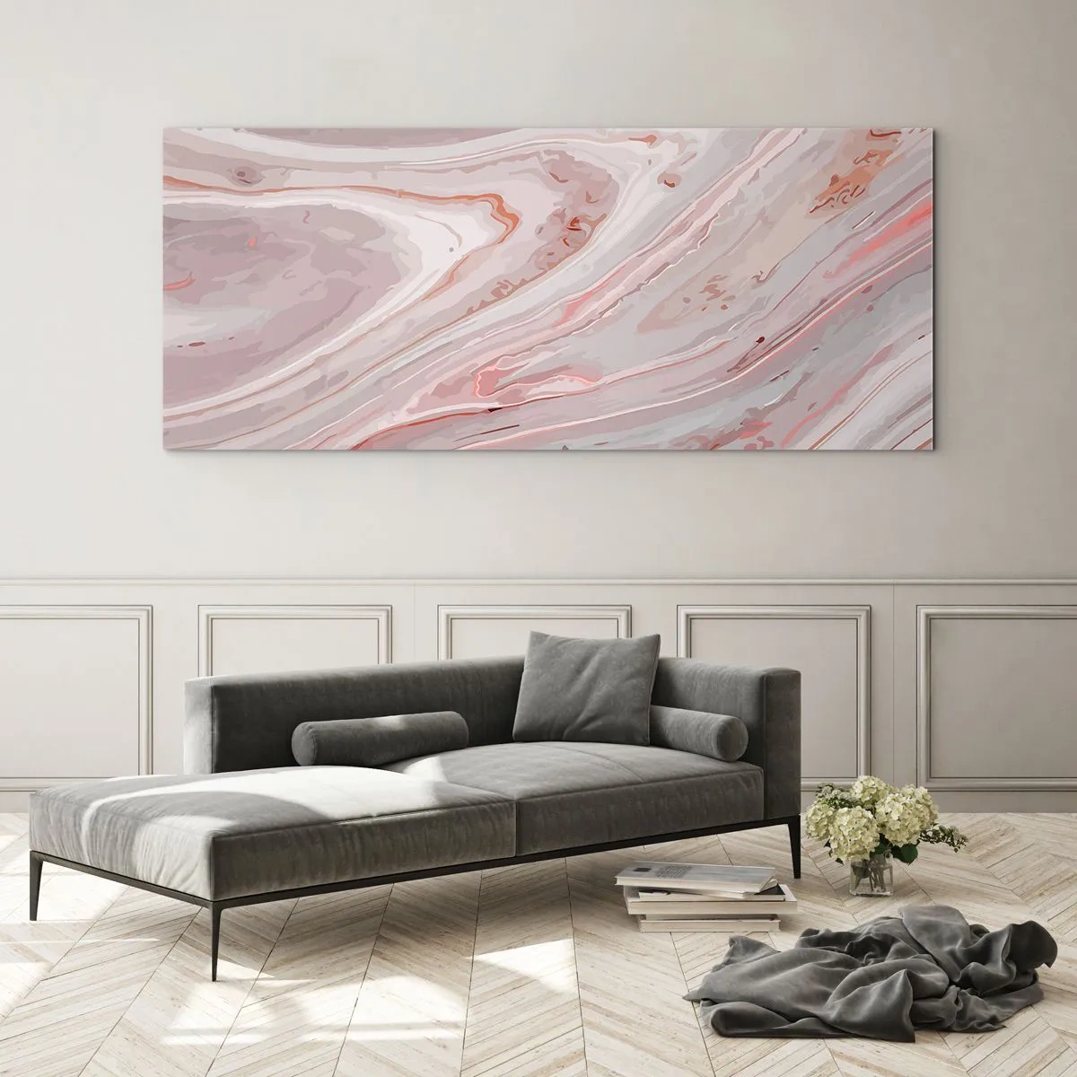 Glasbild - Bild auf glas - Abstrakte Wellen in zarten Rosa- und Beigetönen - 120x50cm - Rosa Flüssigkeit - Moderne Wanddekoration für Wohnzimmer und Schlafzimmer ARTTOR
