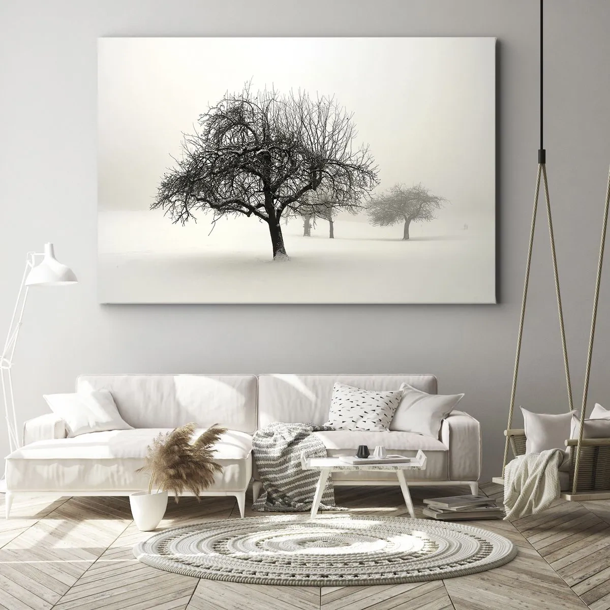 Bild auf Leinwand - Leinwandbild - Bäume auf einem schneebedeckten Feld, umgeben von Nebel - 70x50cm - Winterschlaf - Moderne Wanddekoration für Wohnzimmer und Schlafzimmer ARTTOR