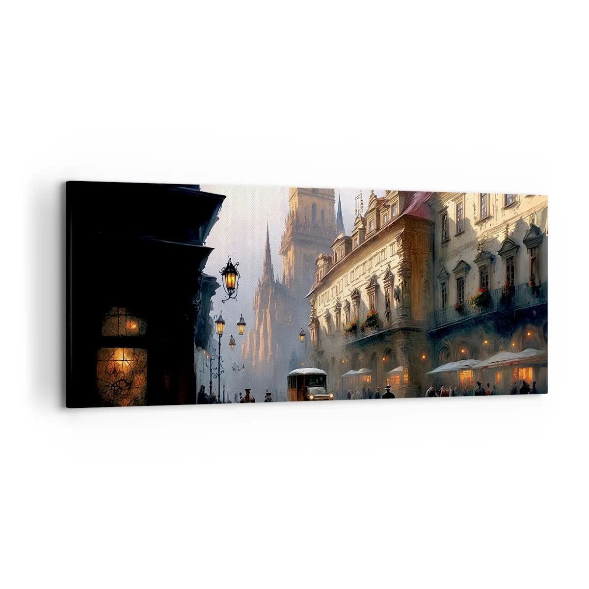 Bild auf Leinwand - Leinwandbild - Abendliche Straßenszene mit historischer Architektur - 120x50cm - Charme eines Prager Abends - Moderne Wanddekoration für Wohnzimmer und Schlafzimmer ARTTOR