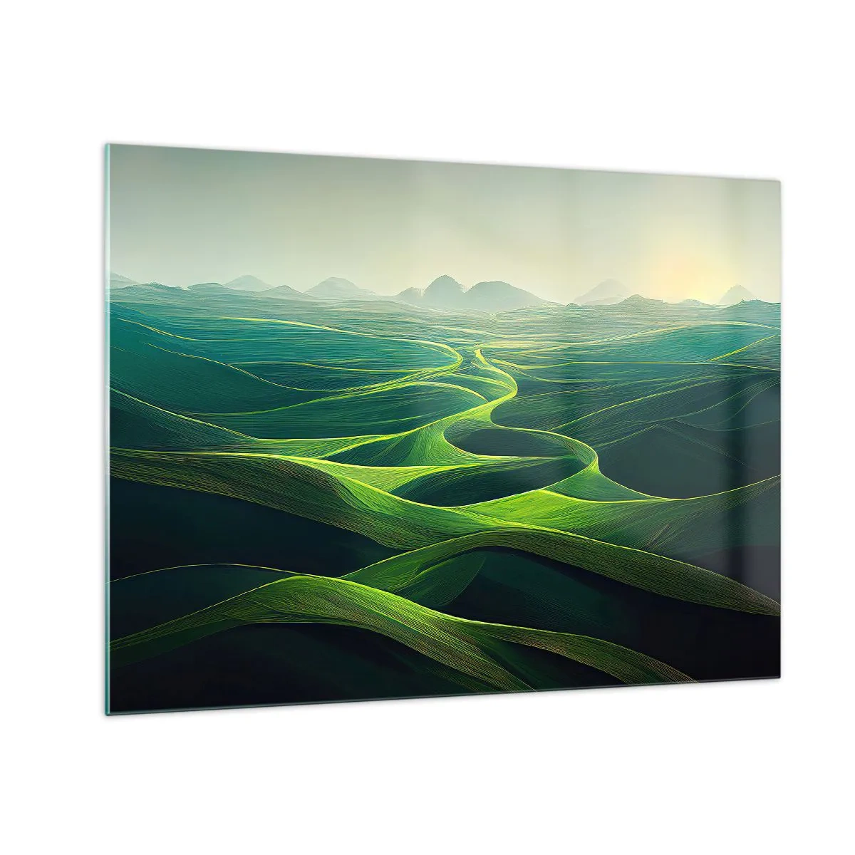 Glasbild - Bild auf glas - Grüne Hügel und Täler, beleuchtet von den Sonnenstrahlen - 70x50cm - In den grünen Tälern - Moderne Wanddekoration für Wohnzimmer und Schlafzimmer ARTTOR