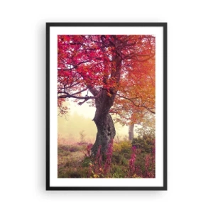 Poster in einem schwarzem Rahmen - Ein Baum mit roten Blättern in einer Herbstlandschaft - 50x70cm - Blühende Raserei - Moderne Wanddekoration für Wohnzimmer und Schlafzimmer ARTTOR