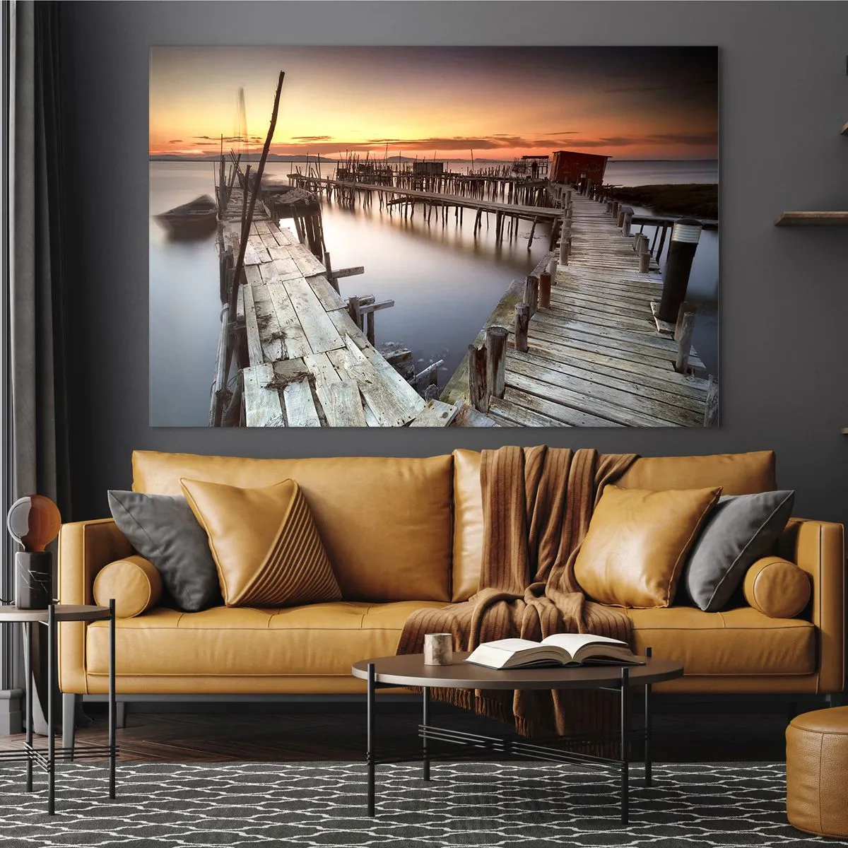 Glasbild - Bild auf glas - Holzstege bei Sonnenuntergang über einem ruhigen See - 70x50cm - Authentisch, keine Touristenattrappe - Moderne Wanddekoration für Wohnzimmer und Schlafzimmer ARTTOR