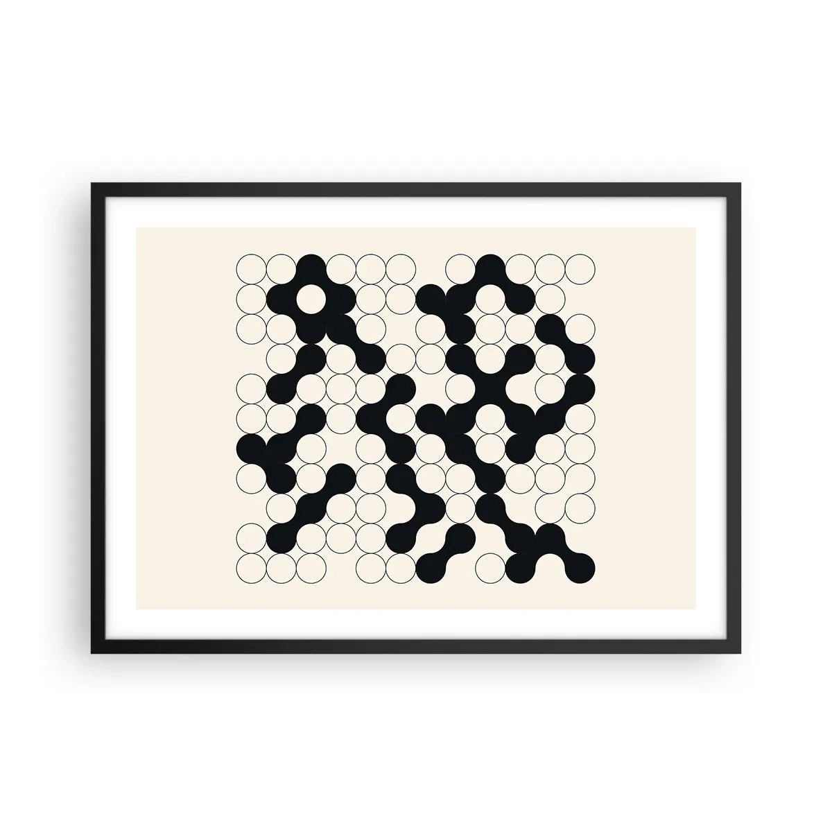 Poster in einem schwarzem Rahmen - Schwarz-weiße Muster mit Kreisen auf hellem Hintergrund - 70x50cm - Chinesisches Spiel – Variation - Moderne Wanddekoration für Wohnzimmer und Schlafzimmer ARTTOR