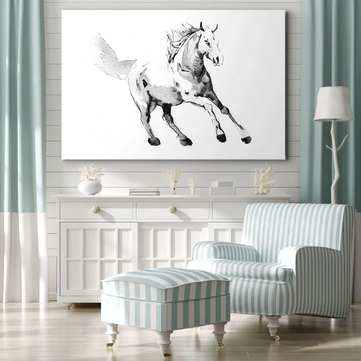 Bild auf Leinwand - Leinwandbild - Skizze eines galoppierenden Pferdes in Schwarz-Weiß-Tönen - 70x50cm - Ungezähmte Seele - Moderne Wanddekoration für Wohnzimmer und Schlafzimmer ARTTOR