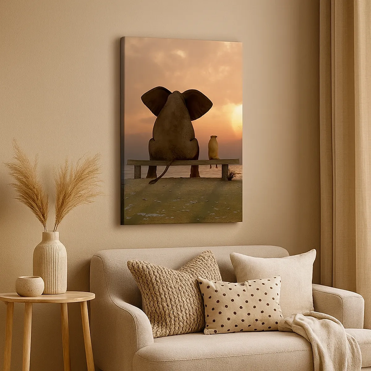 Bild auf Leinwand - Leinwandbild - Ein Elefant und ein Hund sitzen während des Sonnenuntergangs auf einer Bank am Strand. - 50x70cm - Es tut gut zusammen zu schweigen - Moderne Wanddekoration für Wohnzimmer und Schlafzimmer ARTTOR