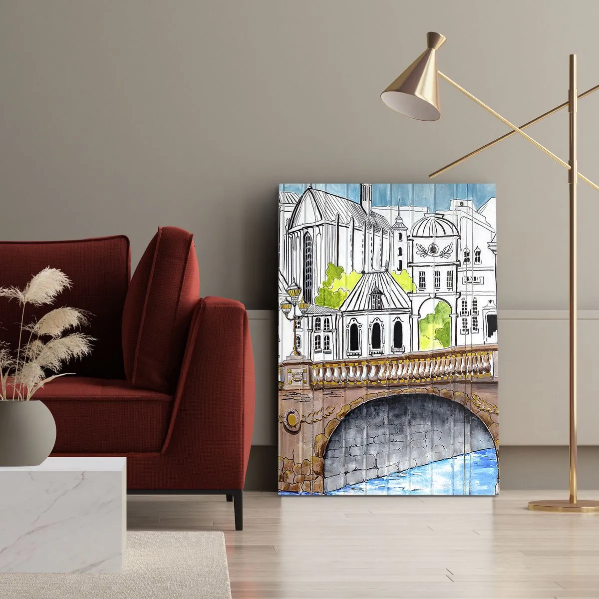 Bild auf Leinwand - Leinwandbild - Zeichnung der Brücke und historische Stadtarchitektur - 80x120cm - Die Stadt ist gemalt - Moderne Wanddekoration für Wohnzimmer und Schlafzimmer ARTTOR