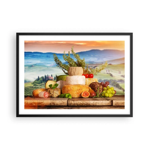 Poster in einem schwarzem Rahmen - Eine Komposition aus Käse und Früchten vor der Kulisse der toskanischen Landschaft - 70x50cm - Die italienische Lebensfreude - Moderne Wanddekoration für Wohnzimmer und Schlafzimmer ARTTOR