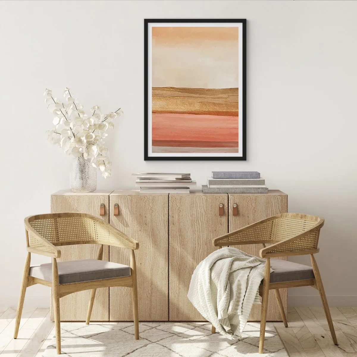 Poster in einem schwarzem Rahmen - Eine abstrakte Komposition in warmen Beige- und Rosatönen. - 50x70cm - Vertikale Komposition - Moderne Wanddekoration für Wohnzimmer und Schlafzimmer ARTTOR