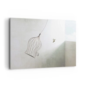 Bild auf Leinwand - Leinwandbild - Ein aus einem Käfig befreiter Vogel vor dem Hintergrund eines hellen Himmels - 120x80cm - In seinem Element - Moderne Wanddekoration für Wohnzimmer und Schlafzimmer ARTTOR