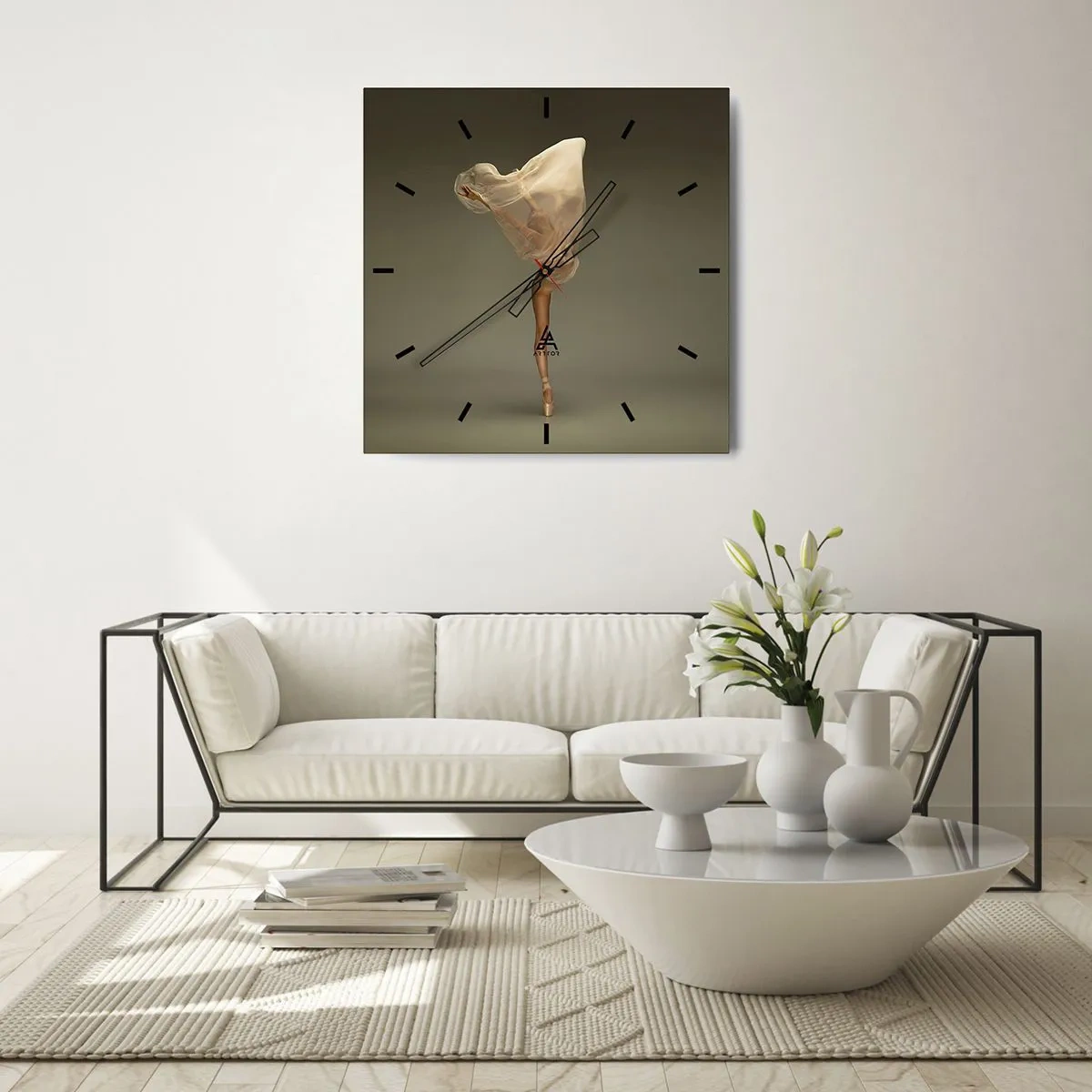 Wanduhr - Glasuhr - Eine Tänzerin schwebt mit Stoff in der Luft - 30x30cm - Es wird bald auffliegen - Moderne Wanddekoration für Wohnzimmer und Schlafzimmer ARTTOR