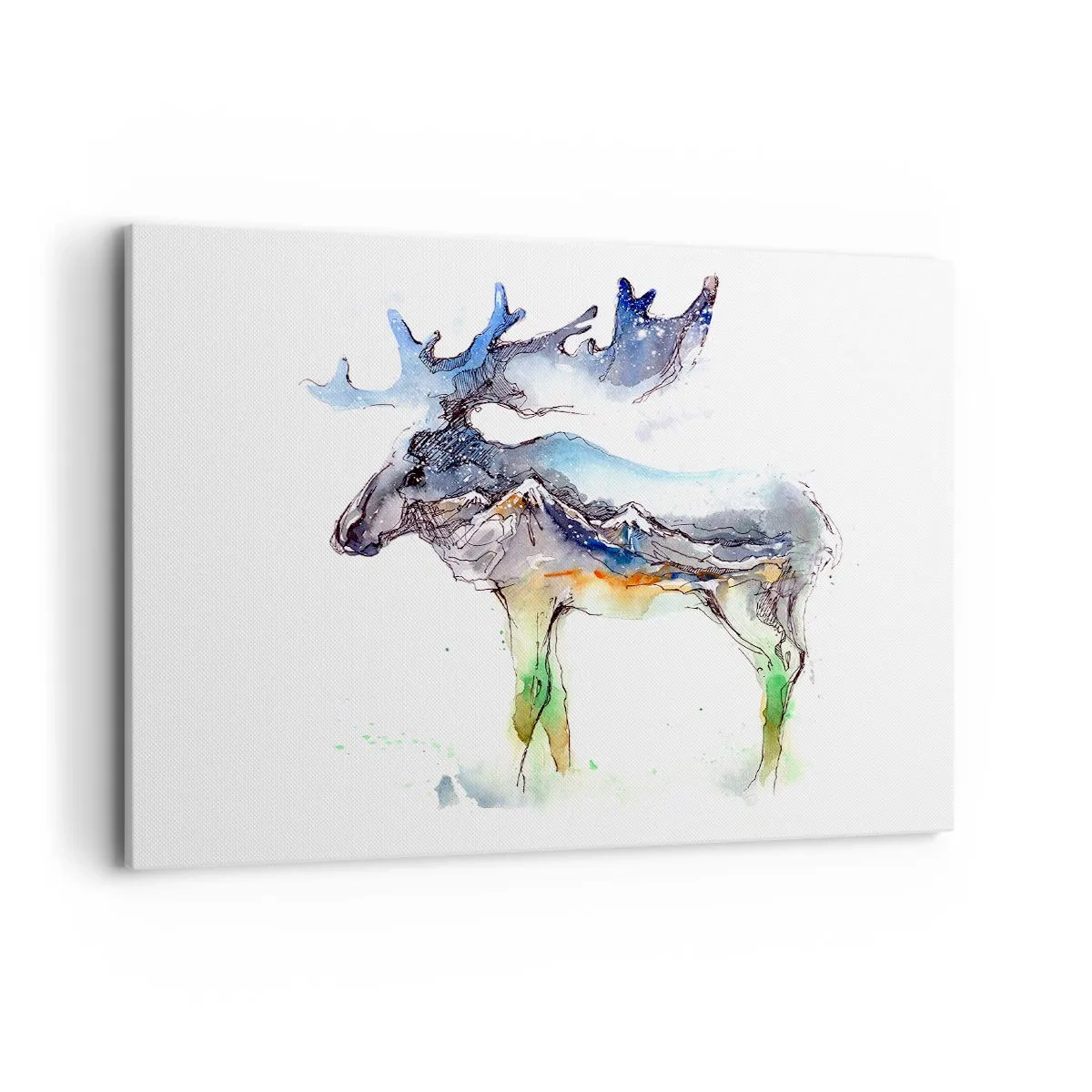 Bild auf Leinwand - Leinwandbild - Aquarell-Silhouette eines Elches mit Berglandschaft - 100x70cm - Der Held eines Wintermärchens - Moderne Wanddekoration für Wohnzimmer und Schlafzimmer ARTTOR