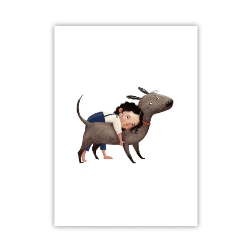 Poster - Illustration eines Kindes, das einen Hund auf weißem Hintergrund umarmt - 50x70cm - Beste Freunde - Moderne Wanddekoration für Wohnzimmer und Schlafzimmer ARTTOR