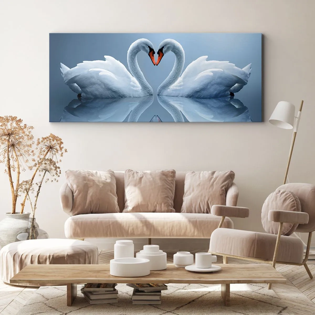 Bild auf Leinwand - Leinwandbild - Zwei Schwäne bilden ein Herz auf einer ruhigen Wasseroberfläche - 140x50cm - Zeit für die Liebe - Moderne Wanddekoration für Wohnzimmer und Schlafzimmer ARTTOR