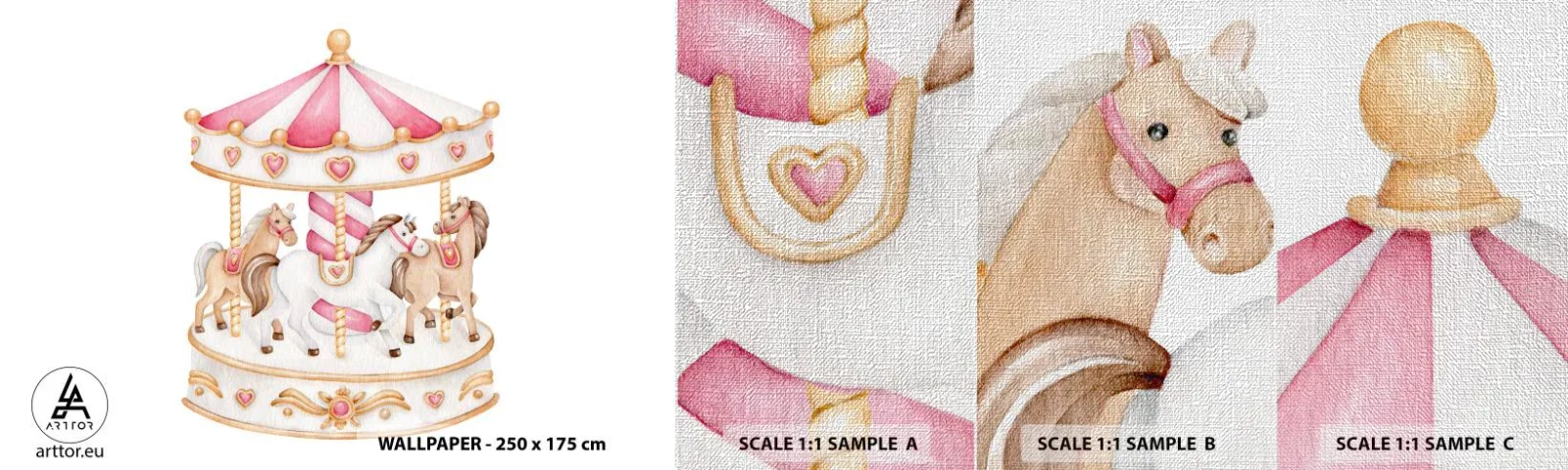 Fototapeten Muster Premium Canvas - Süße Welt der Kindheit - Karussell, Mädchenhaft, Pferde - 100x30 cm
