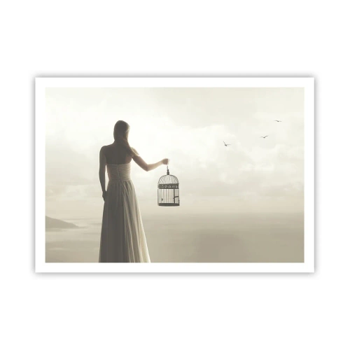 Poster - Eine Frau mit einem Käfig vor einem ruhigen Himmel - 100x70cm - Sei frei - Moderne Wanddekoration für Wohnzimmer und Schlafzimmer ARTTOR