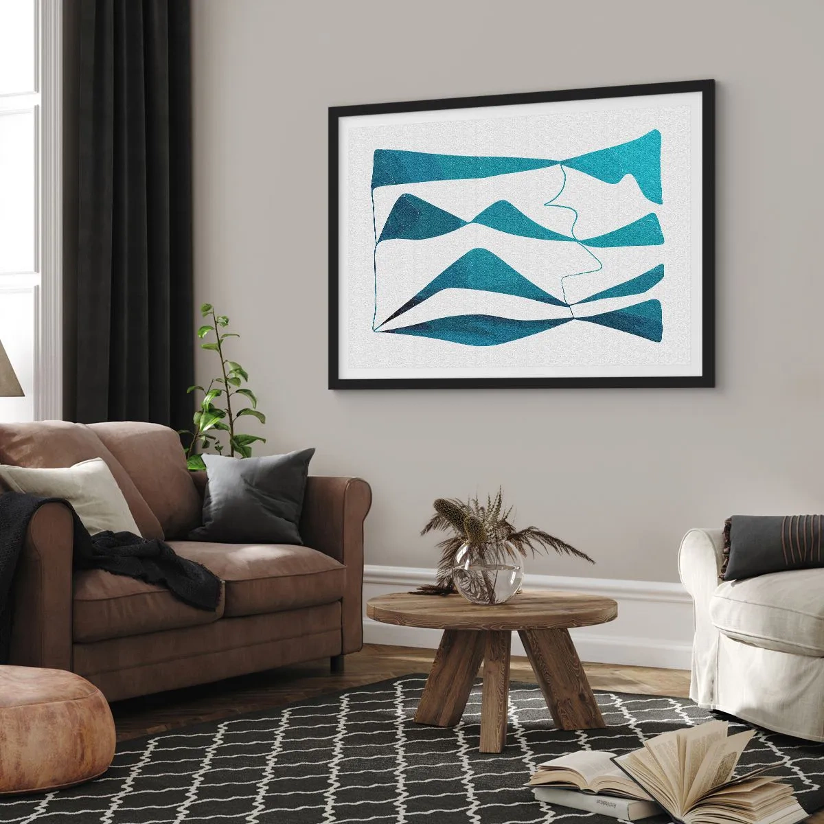 Poster in einem schwarzem Rahmen - Abstrakte Formen in Blautönen auf weißem Hintergrund - 70x50cm - Abstraktion: türkisfarbene Verbindung - Moderne Wanddekoration für Wohnzimmer und Schlafzimmer ARTTOR