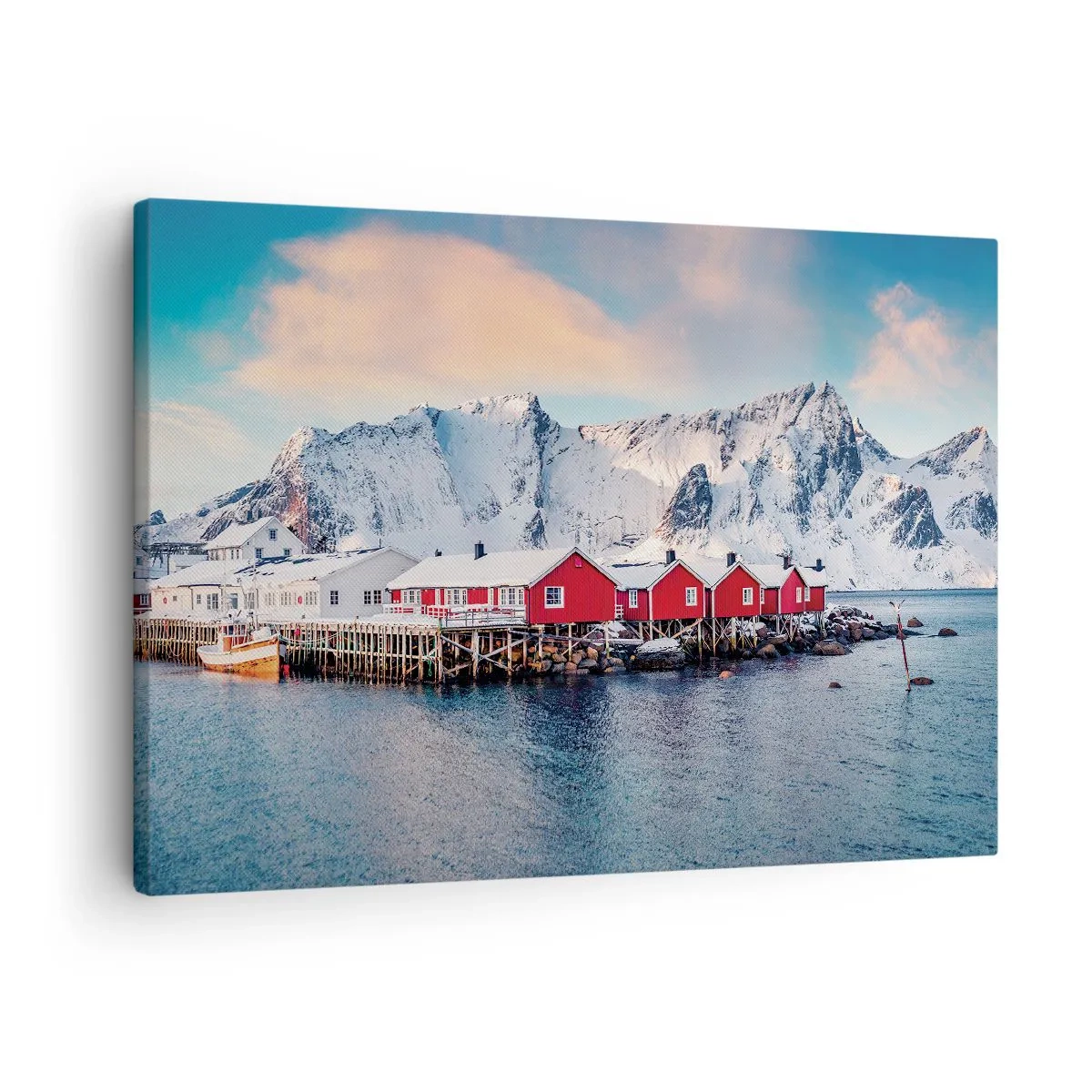 Bild auf Leinwand - Leinwandbild - Rote Häuser vor dem Hintergrund schneebedeckter Berge und des blauen Meeres - 70x50cm - Nördlicher Rückzug - Moderne Wanddekoration für Wohnzimmer und Schlafzimmer ARTTOR