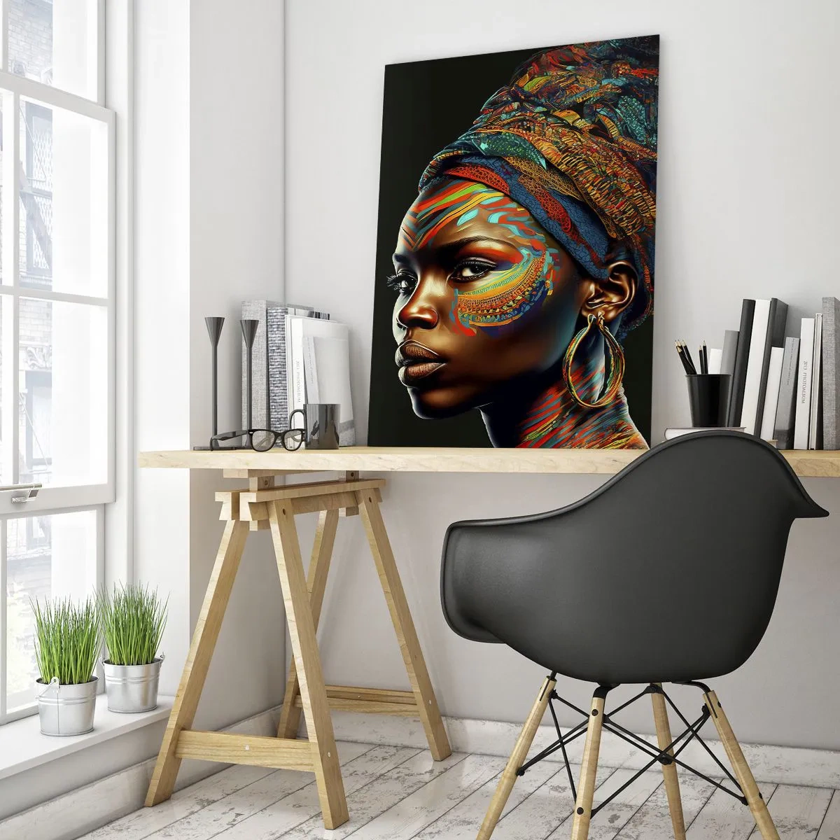 Glasbild - Bild auf glas - Porträt einer Frau mit farbenfroher Malerei und Turban - 50x70cm - Afrikanische Königin - Moderne Wanddekoration für Wohnzimmer und Schlafzimmer ARTTOR