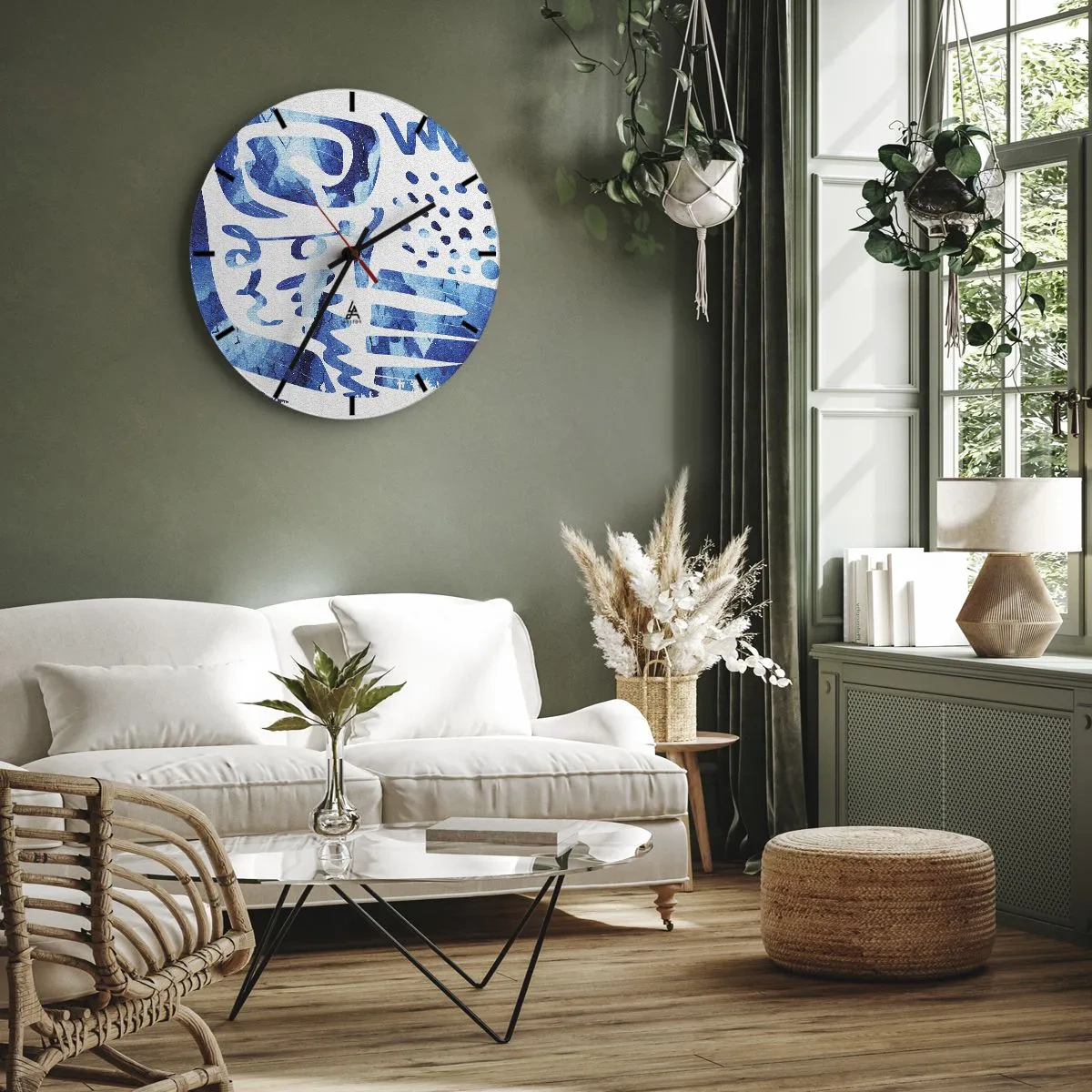 Wanduhr - Glasuhr - Abstrakte blaue Muster auf weißem Hintergrund - 30x30cm - Zurück zu den Wurzeln - Moderne Wanddekoration für Wohnzimmer, Küche und Schlafzimmer ARTTOR