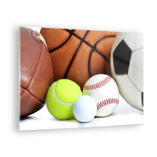 Glasbild - Bild auf glas - Eine Reihe von Sportbällen auf weißem Hintergrund - 70x50cm - Fußball verbindet uns! - Moderne Wanddekoration für Wohnzimmer und Schlafzimmer ARTTOR