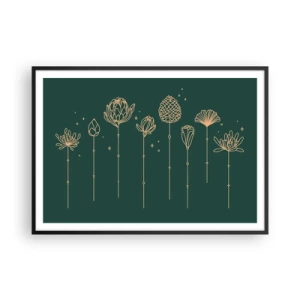 Poster in einem schwarzem Rahmen - Goldene Zeichnungen von Kräutern auf dunkelgrünem Hintergrund - 100x70cm - Familie ZIÓŁkowski - Moderne Wanddekoration für Wohnzimmer und Schlafzimmer ARTTOR