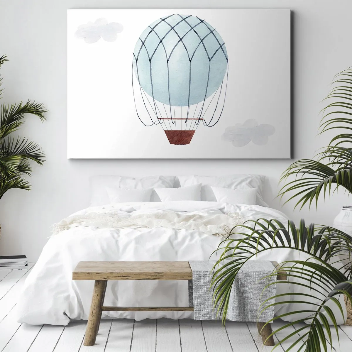 Bild auf Leinwand - Leinwandbild - Ein handbemalter Ballon vor dem Hintergrund zarter Wolken. - 100x70cm - Ganz in den Wolken - Moderne Wanddekoration für Wohnzimmer und Schlafzimmer ARTTOR
