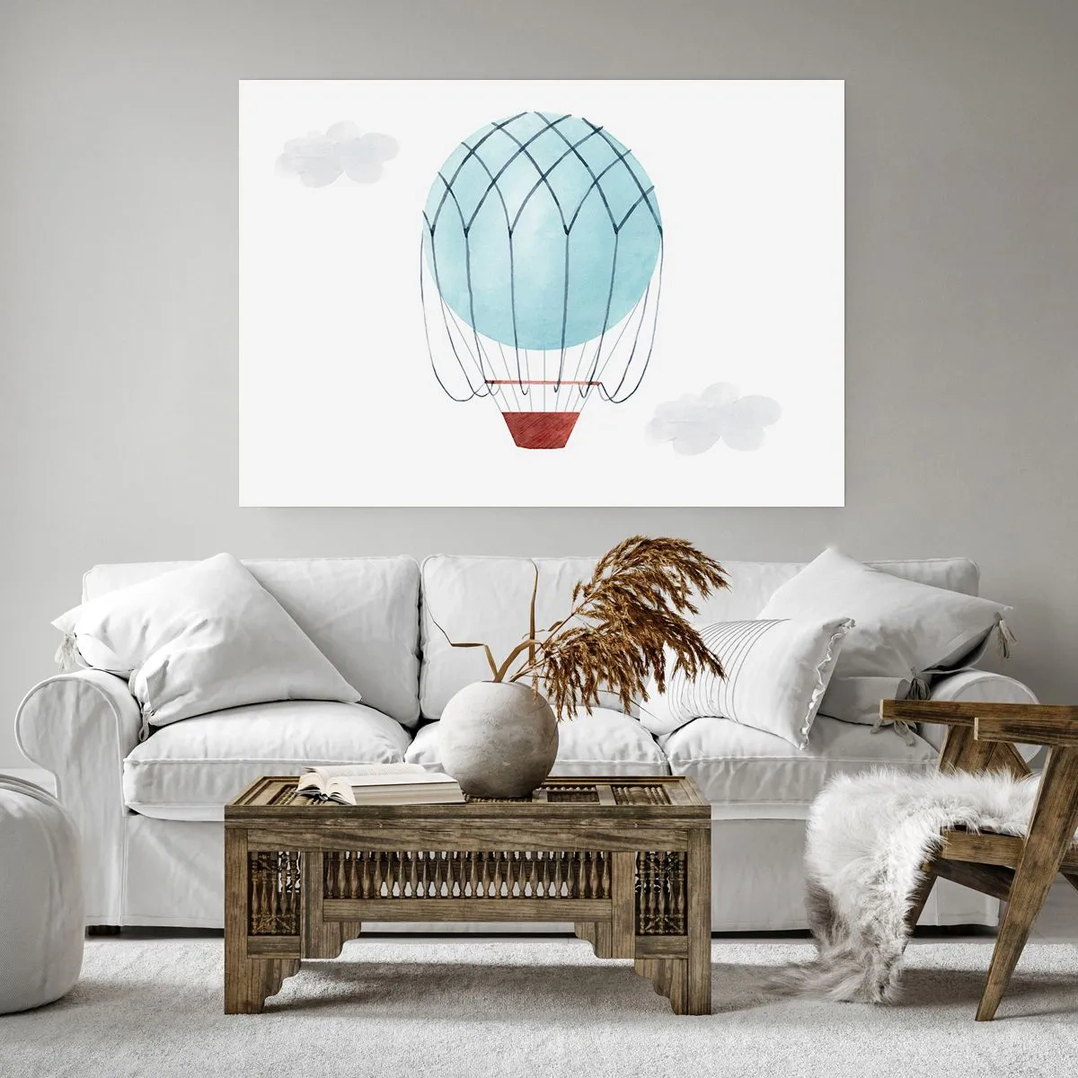 Poster - Ein handbemalter Ballon vor dem Hintergrund zarter Wolken. - 100x70cm - Ganz in den Wolken - Moderne Wanddekoration für Wohnzimmer und Schlafzimmer ARTTOR