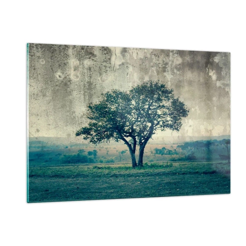 Glasbild - Bild auf glas - Ein einsamer Baum in einer Vintage-Landschaft - 120x80cm - Ein Apfelbaum auf blauem Feld? - Moderne Wanddekoration für Wohnzimmer und Schlafzimmer ARTTOR