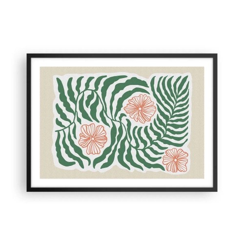 Poster in einem schwarzem Rahmen - Ein minimalistisches Motiv aus grünen Blättern mit Blüten in Orangetönen. - 70x50cm - Aufgeblüht in Grün - Moderne Wanddekoration für Wohnzimmer und Schlafzimmer ARTTOR