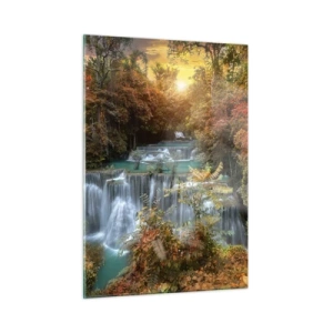 Glasbild - Bild auf glas - Ein malerischer Wasserfall, umgeben von einem herbstlichen Wald bei Sonnenuntergang - 50x70cm - Versteckter Schatz des Waldes - Moderne Wanddekoration für Wohnzimmer und Schlafzimmer ARTTOR