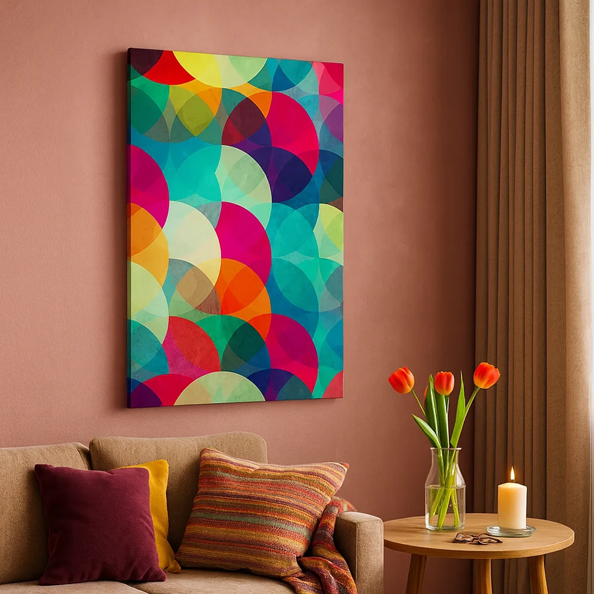 Bild auf Leinwand - Leinwandbild - Bunte geometrische Muster aus Kreisen und Halbkreisen - 50x70cm - Aufstieg zum Regenbogen - Moderne Wanddekoration für Wohnzimmer und Schlafzimmer ARTTOR