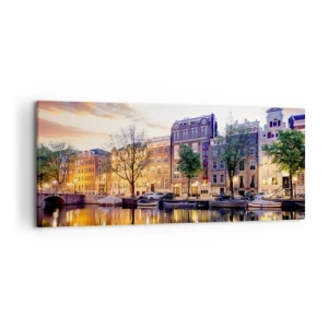 Bild auf Leinwand - Leinwandbild - Kanal mit Spiegelung von Mietshäusern im Abendlicht - 120x50cm - Zurückhaltende und gelassene niederländische Schönheit - Moderne Wanddekoration für Wohnzimmer und Schlafzimmer ARTTOR