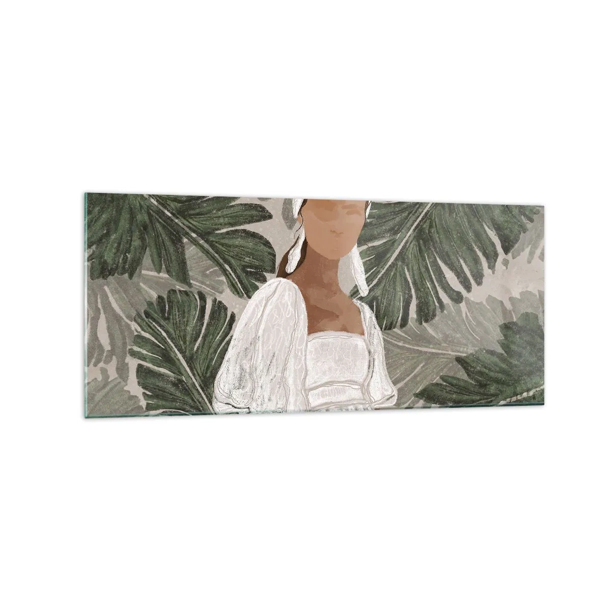 Glasbild - Bild auf glas - Porträt einer Frau in einem weißen Kleid vor einem Hintergrund aus Monstera-Blättern - 120x50cm - Exotisches Porträt - Moderne Wanddekoration für Wohnzimmer und Schlafzimmer ARTTOR