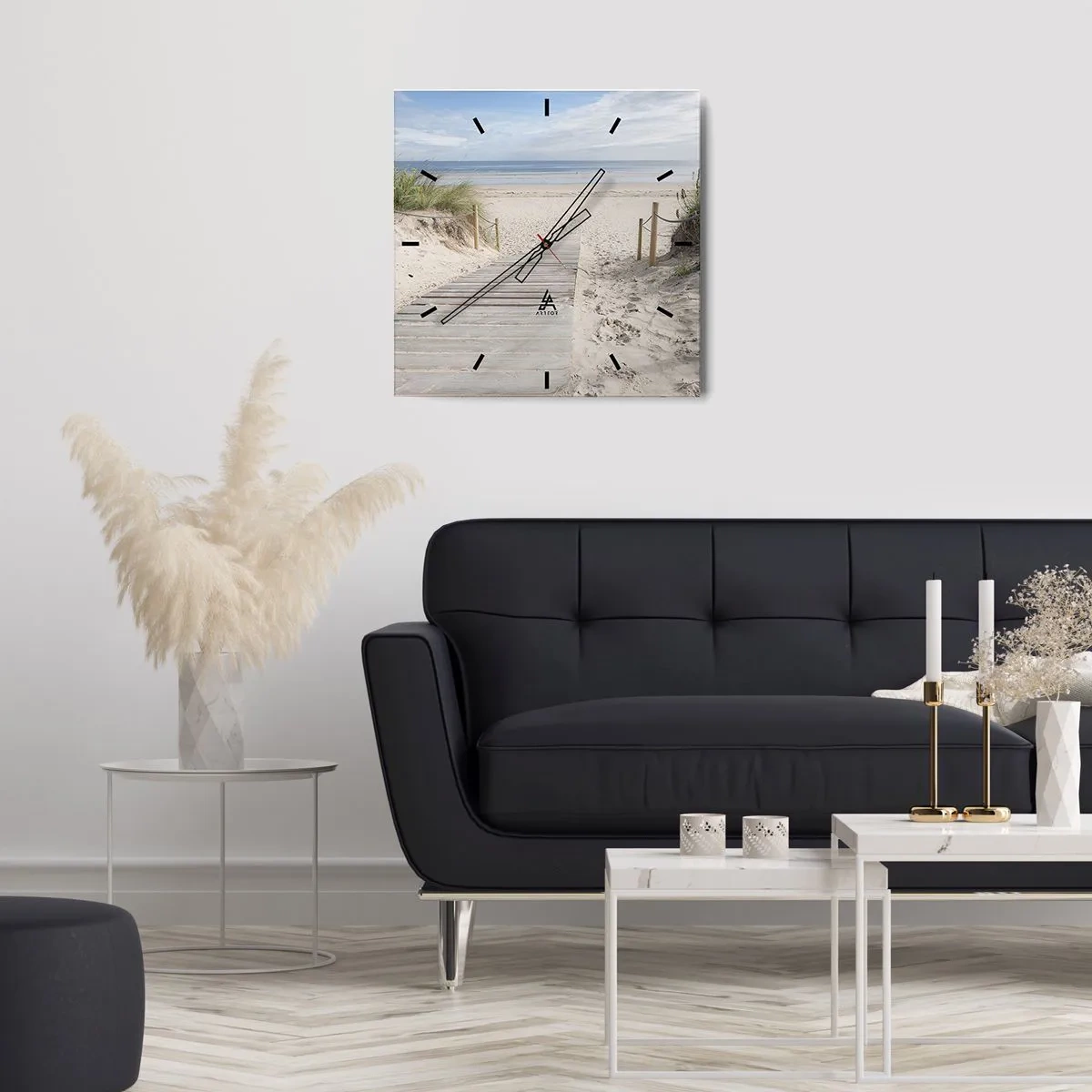 Wanduhr - Glasuhr - Ein Plankenweg, der zu einem Sandstrand führt - 30x30cm - Bis zum Horizont - Moderne Wanddekoration für Wohnzimmer und Schlafzimmer ARTTOR