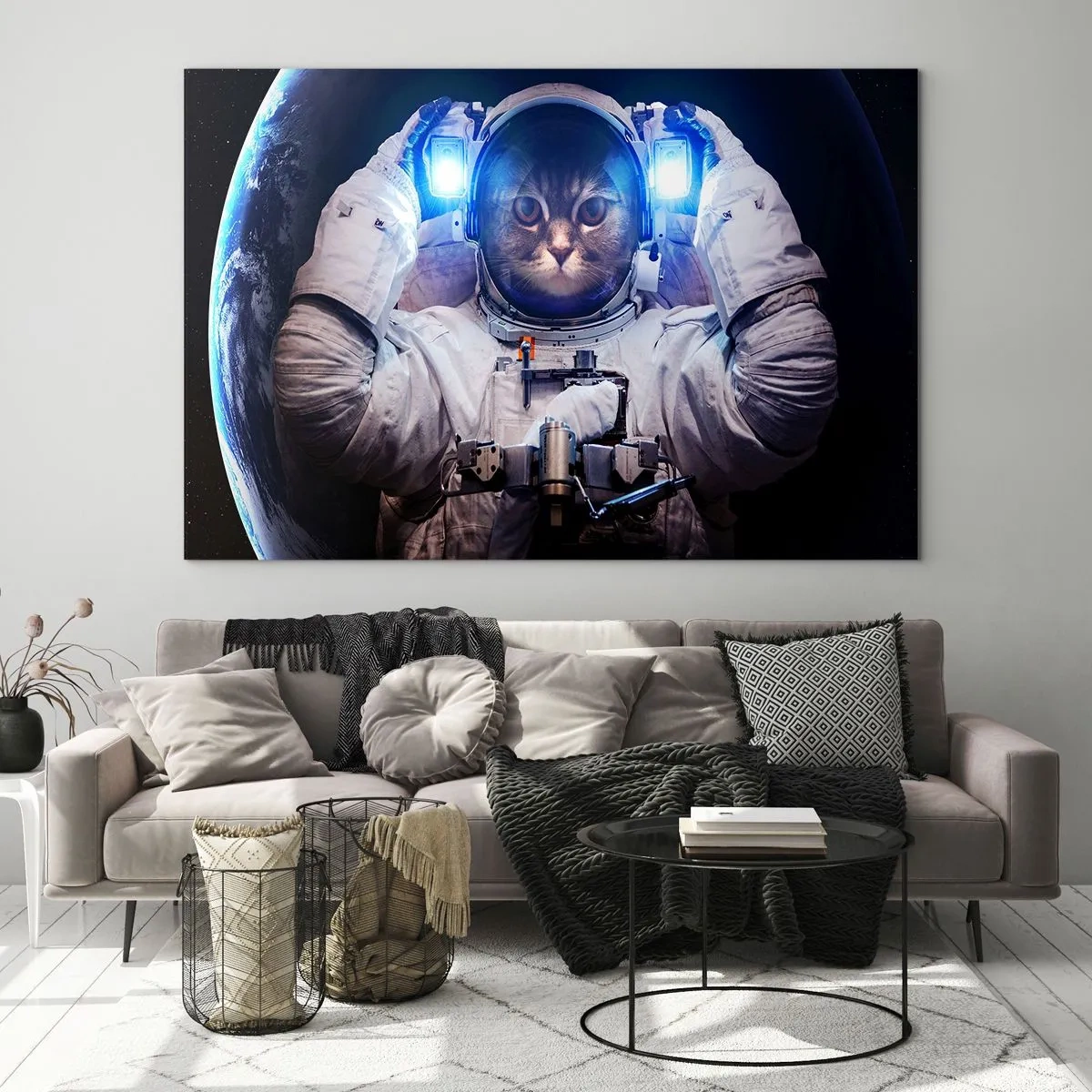 Glasbild - Bild auf glas - Ein katzenköpfiger Kosmonaut im Weltraum - 120x80cm - Houston, du hast ein Problem - Moderne Wanddekoration für Wohnzimmer und Schlafzimmer ARTTOR